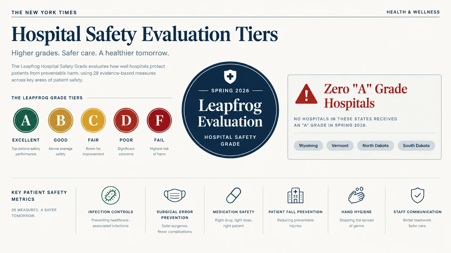 Diagram displaying Leapfrog hospital safety grade tiers A through F, key metrics, and four states with zero A hospitals.