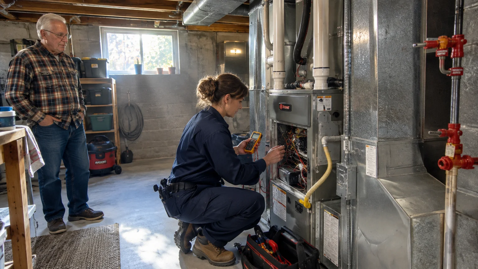 A technician inspects an open basement furnace with a multimeter while an older homeowner watches.