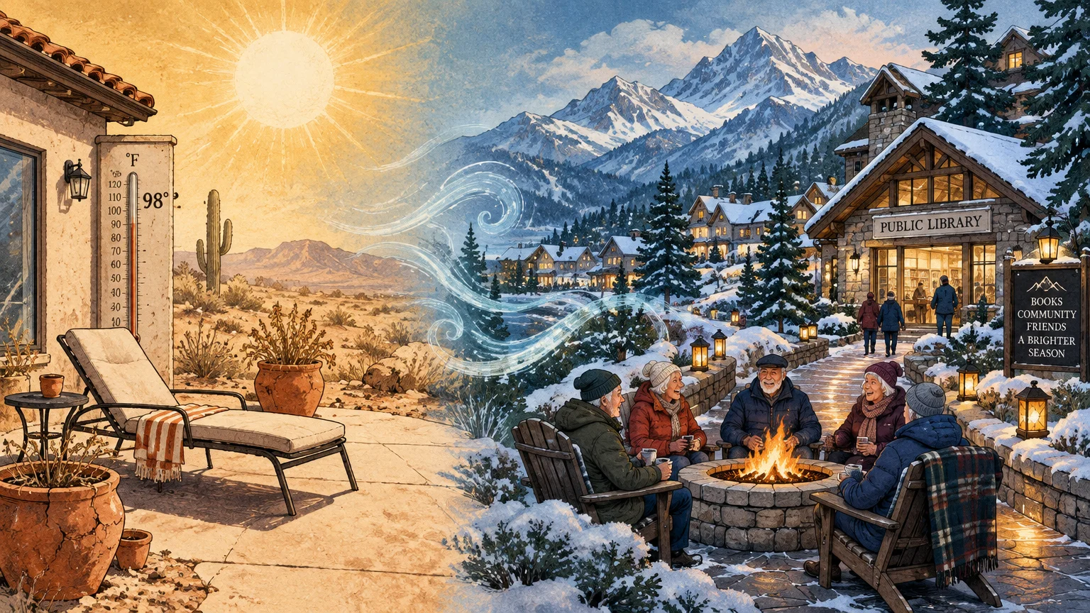 Split illustration contrasting an empty sunlit desert patio with retirees sitting around a snowy fire pit outside a library.