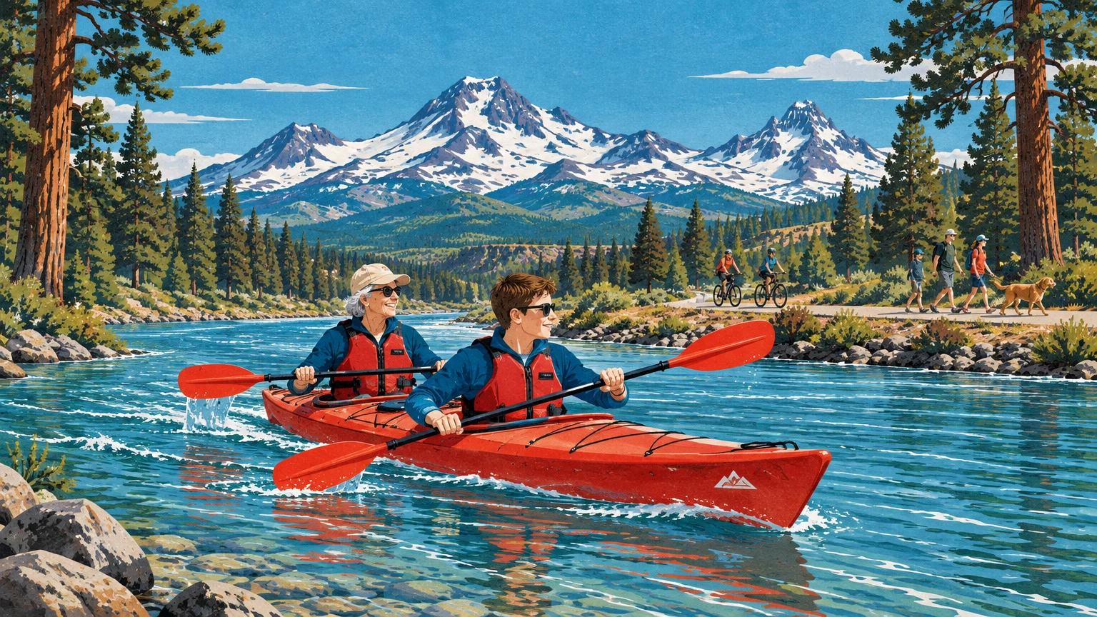 Illustration of an older woman and boy kayaking down a river with snowy mountains, pine trees, and cyclists in the background.