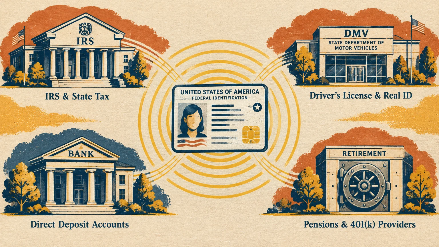 Illustration of a federal ID card linked by golden waves to buildings for the IRS, DMV, bank, and retirement vault.