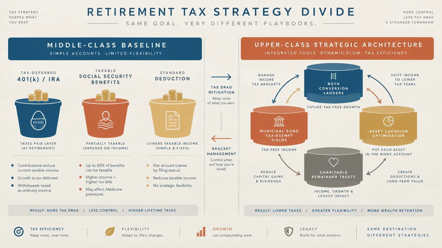Diagram comparing middle-class baseline retirement accounts with an upper-class strategic architecture flow for tax efficiency.