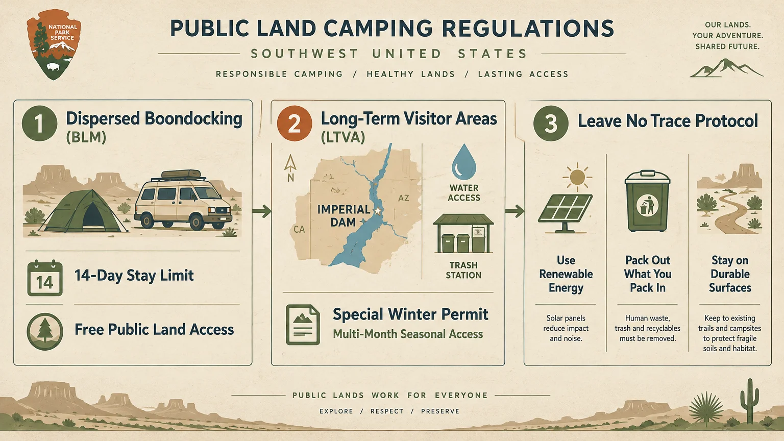 Diagram outlining Southwest camping rules, comparing 14-day free dispersed boondocking with Long-Term Visitor Areas and Leave No Trace rules
