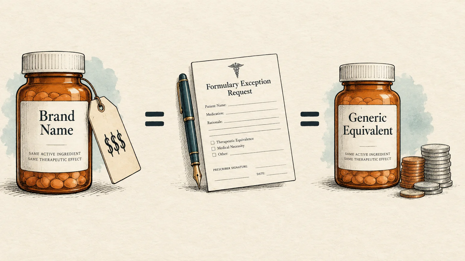 Bottles of brand name and generic medication flanking a formulary exception request form with a pen and coins.