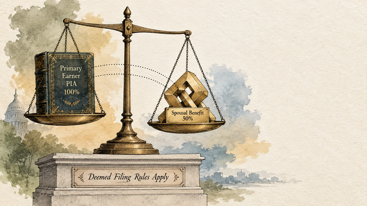 Brass balance scale holding a book labeled Primary Earner PIA 100% on one pan and Spousal Benefit 50% on the other.