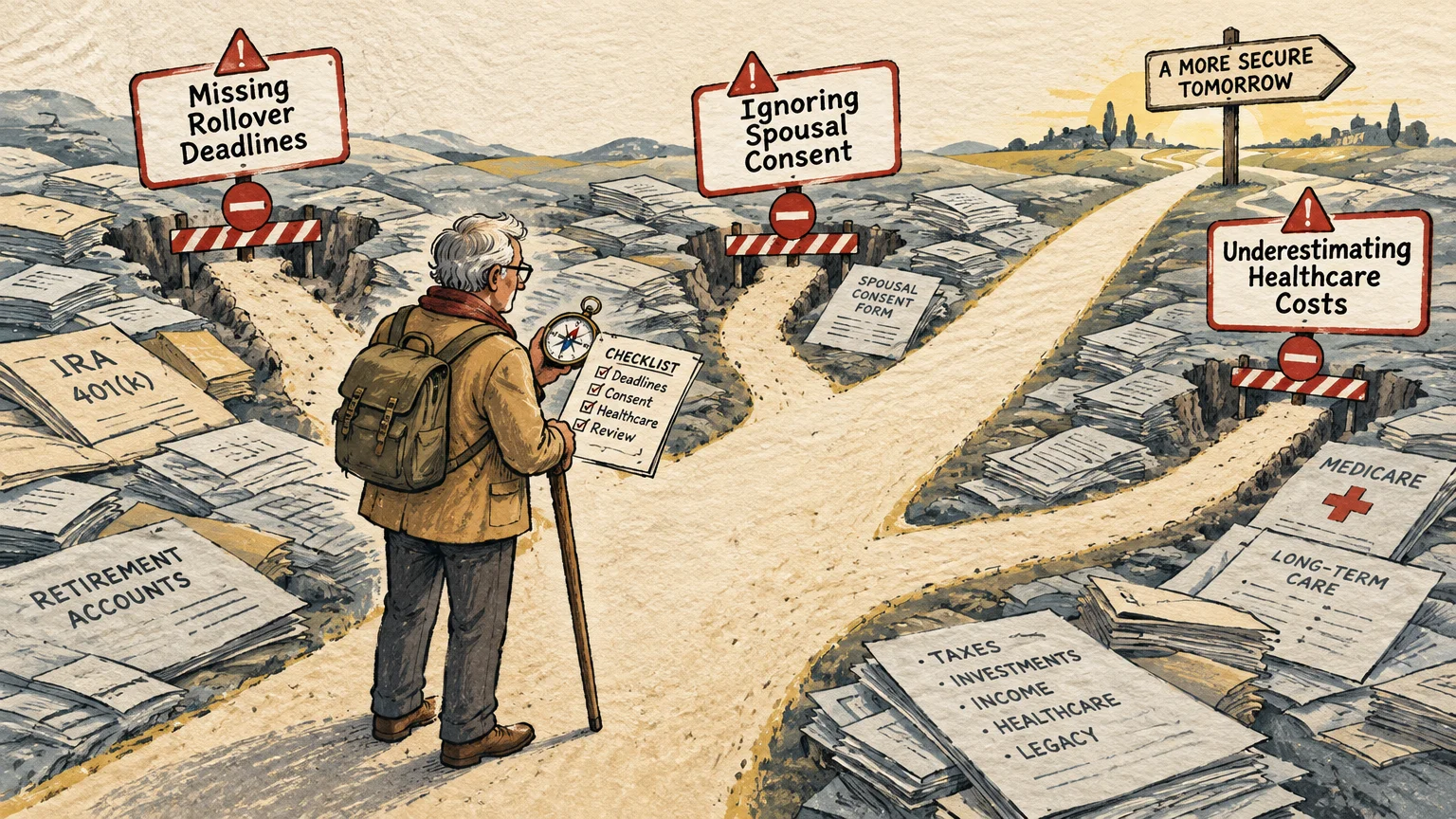 A man with a backpack and checklist stands at a fork in a dirt path flanked by paperwork and warning signs.