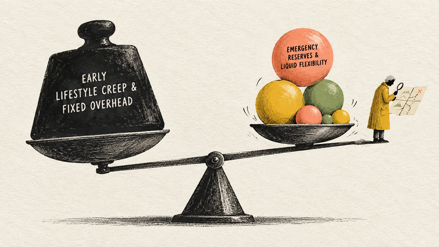 A balance scale with a heavy black weight on the left and colorful spheres with a person holding a map on the right.