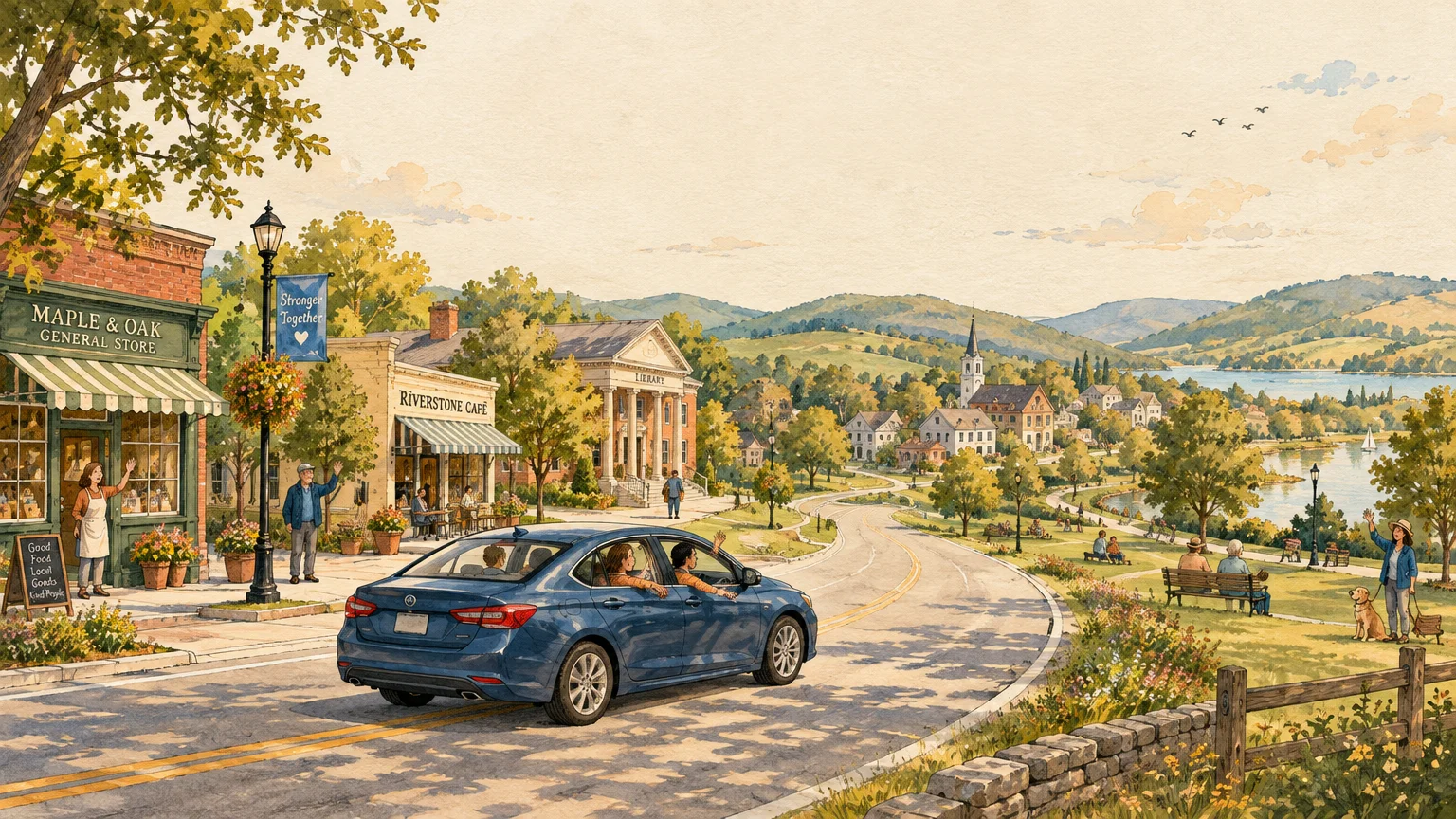 Illustration of a blue sedan driving through a scenic small town as pedestrians along the street and park wave.