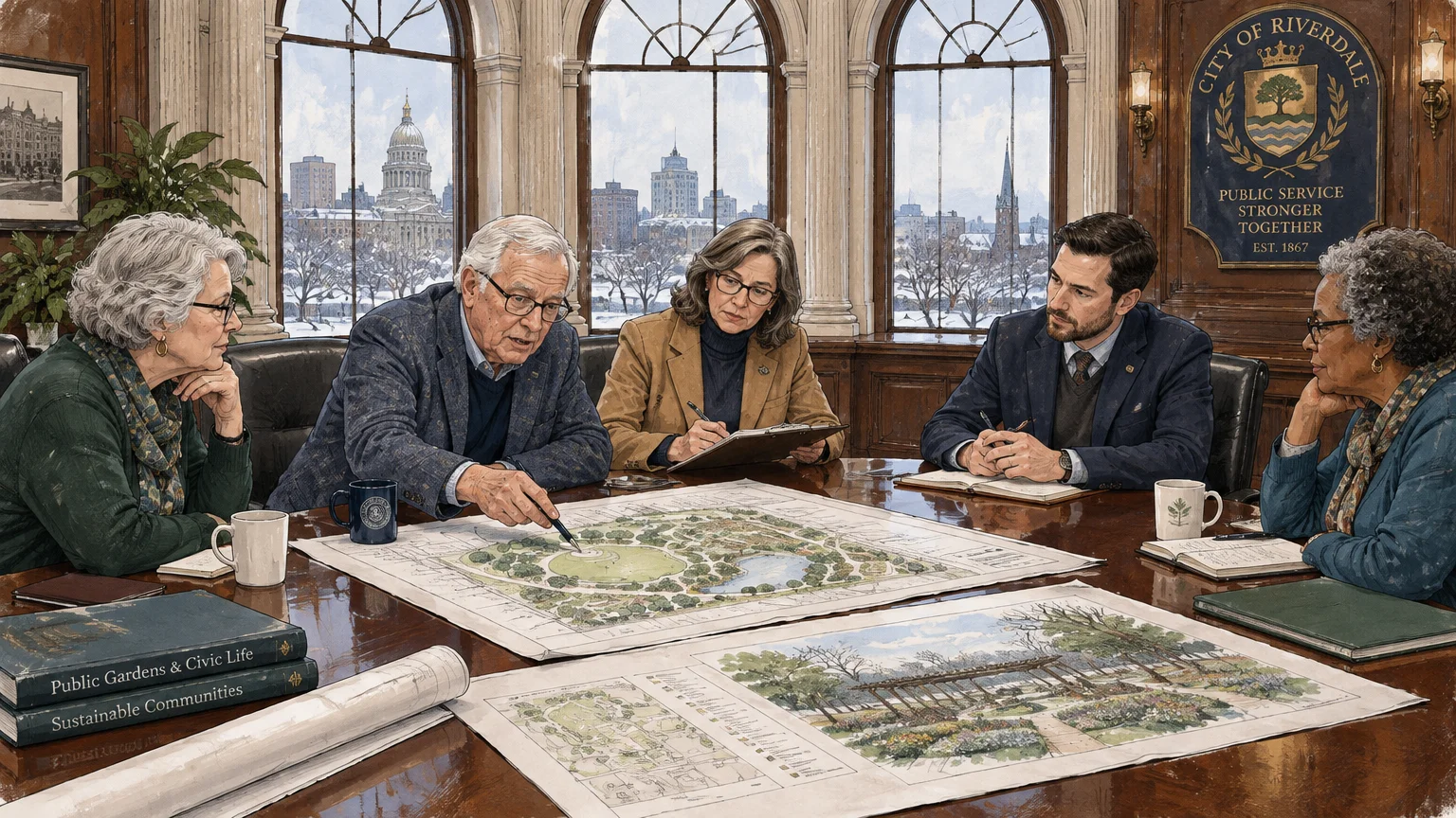 Illustration of five people gathered around a conference table reviewing park plans before snowy city windows.