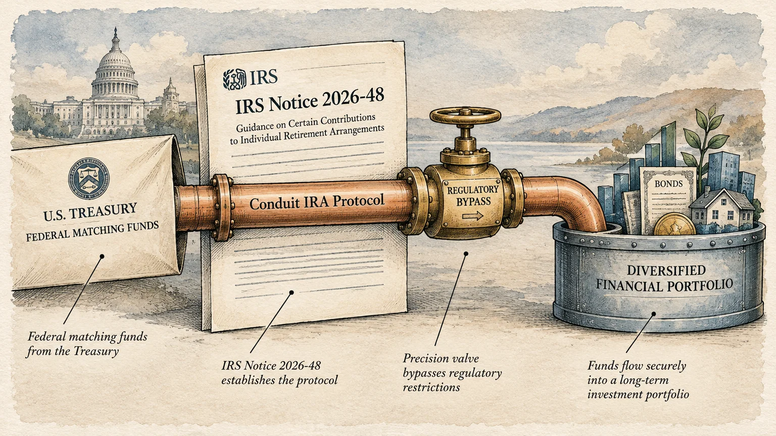 Illustration of a conduit pipe connecting U.S. Treasury funds through an IRS notice to a diversified portfolio.