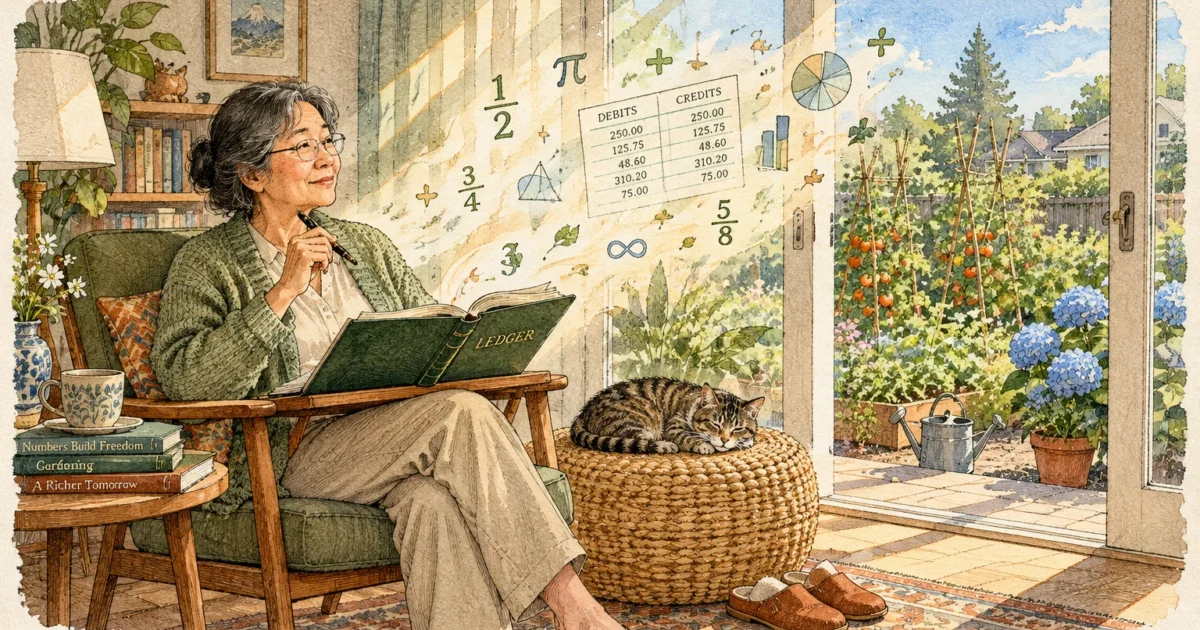 Illustration of an older woman in an armchair holding a ledger as glowing numbers float toward an open garden door.