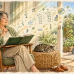 Illustration of an older woman in an armchair holding a ledger as glowing numbers float toward an open garden door.