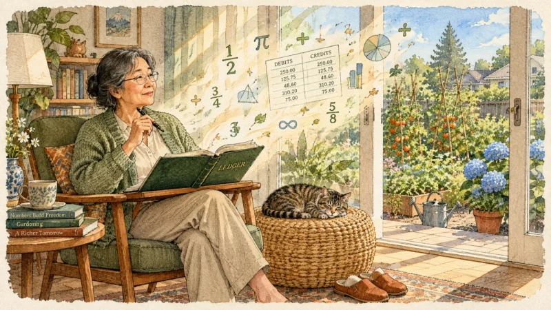 Illustration of an older woman in an armchair holding a ledger as glowing numbers float toward an open garden door.