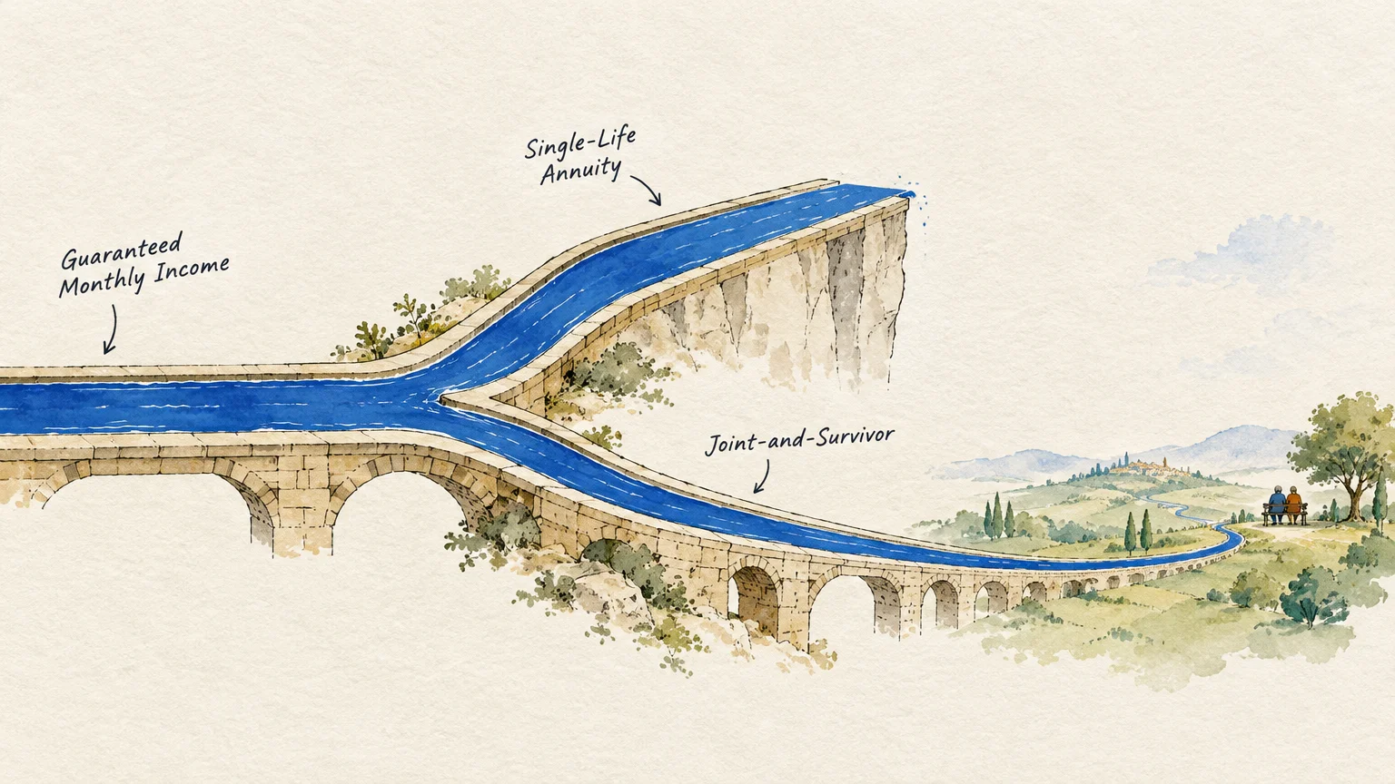 Illustration of an aqueduct splitting into a single-life annuity ending at a cliff and a long joint-and-survivor channel.