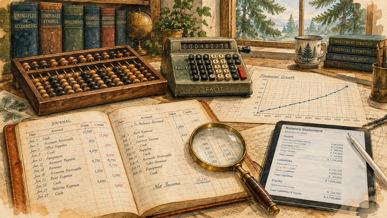 Vintage desk with an accounting ledger, magnifying glass, abacus, mechanical adding machine, and a modern digital tablet.