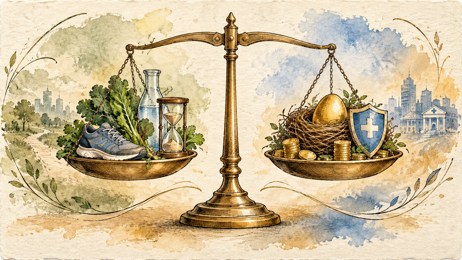 Balance scale holding a sneaker, greens, water, and hourglass on one side, and a golden nest egg, coins, and shield on the other.