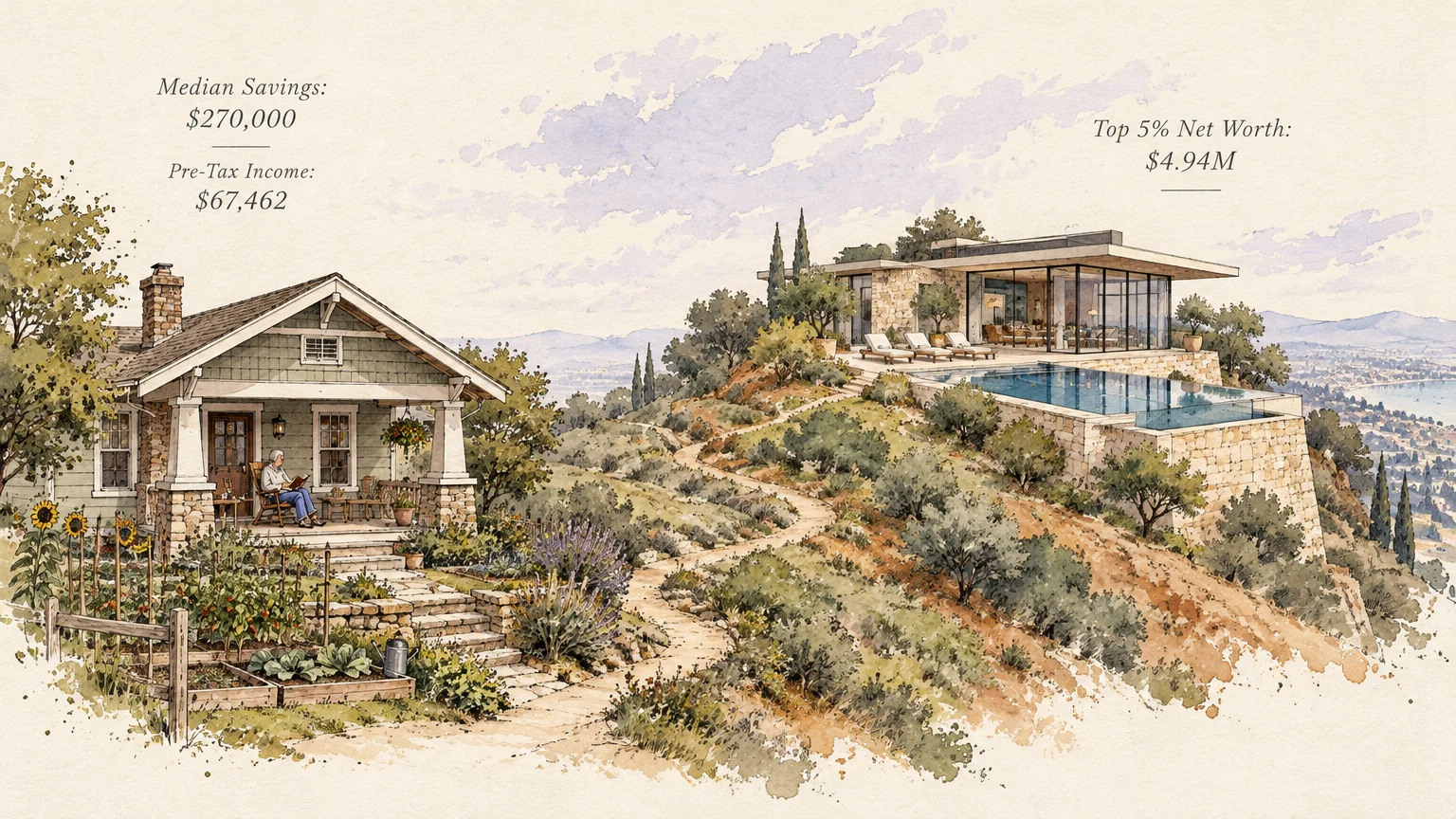 Watercolor illustration contrasting a small cottage and garden with a modern luxury mansion and infinity pool on a hillside.
