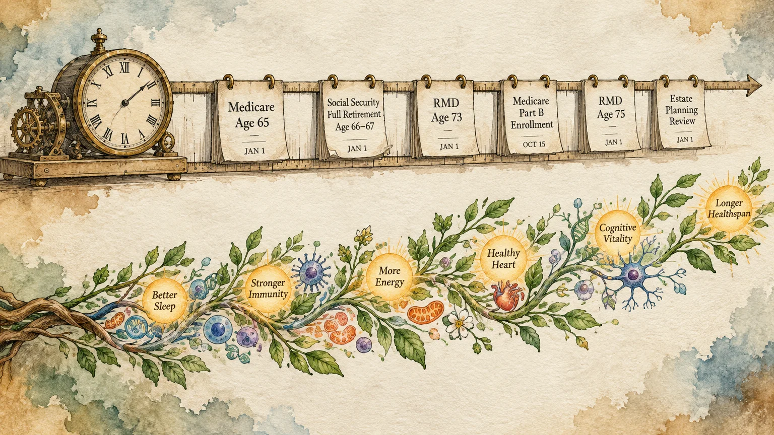 Illustration comparing a timeline of retirement milestones with a growing botanical branch of health indicators.