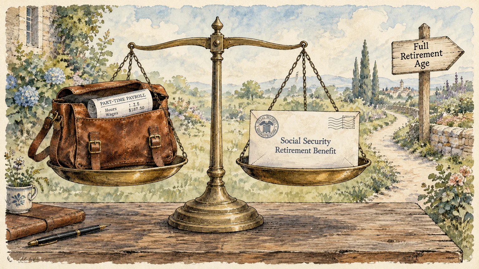 Brass balance scale holding a leather bag with payroll stub and a Social Security envelope beside a road sign.