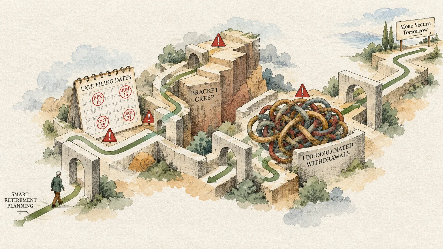 Illustration of a man walking a winding path past obstacles labeled late filing dates, bracket creep, and tangled tubes.