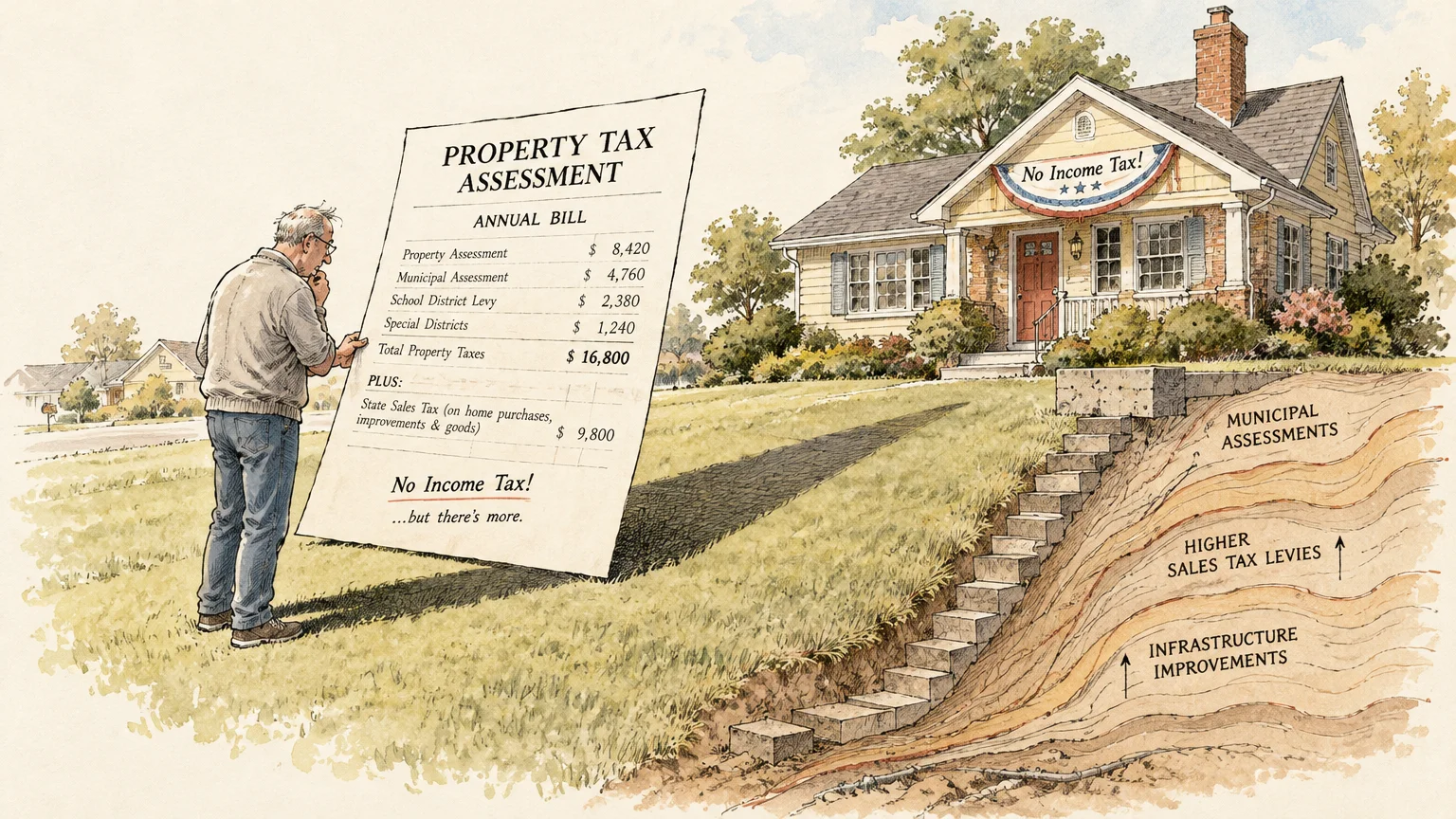 Illustration of a man reviewing a giant property tax bill in front of a home with cross-section layers of hidden costs.