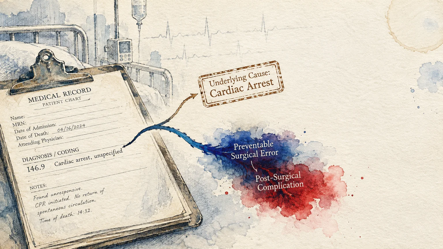Illustration of a medical record clipboard citing cardiac arrest beside ink splatters labeled with surgical error.