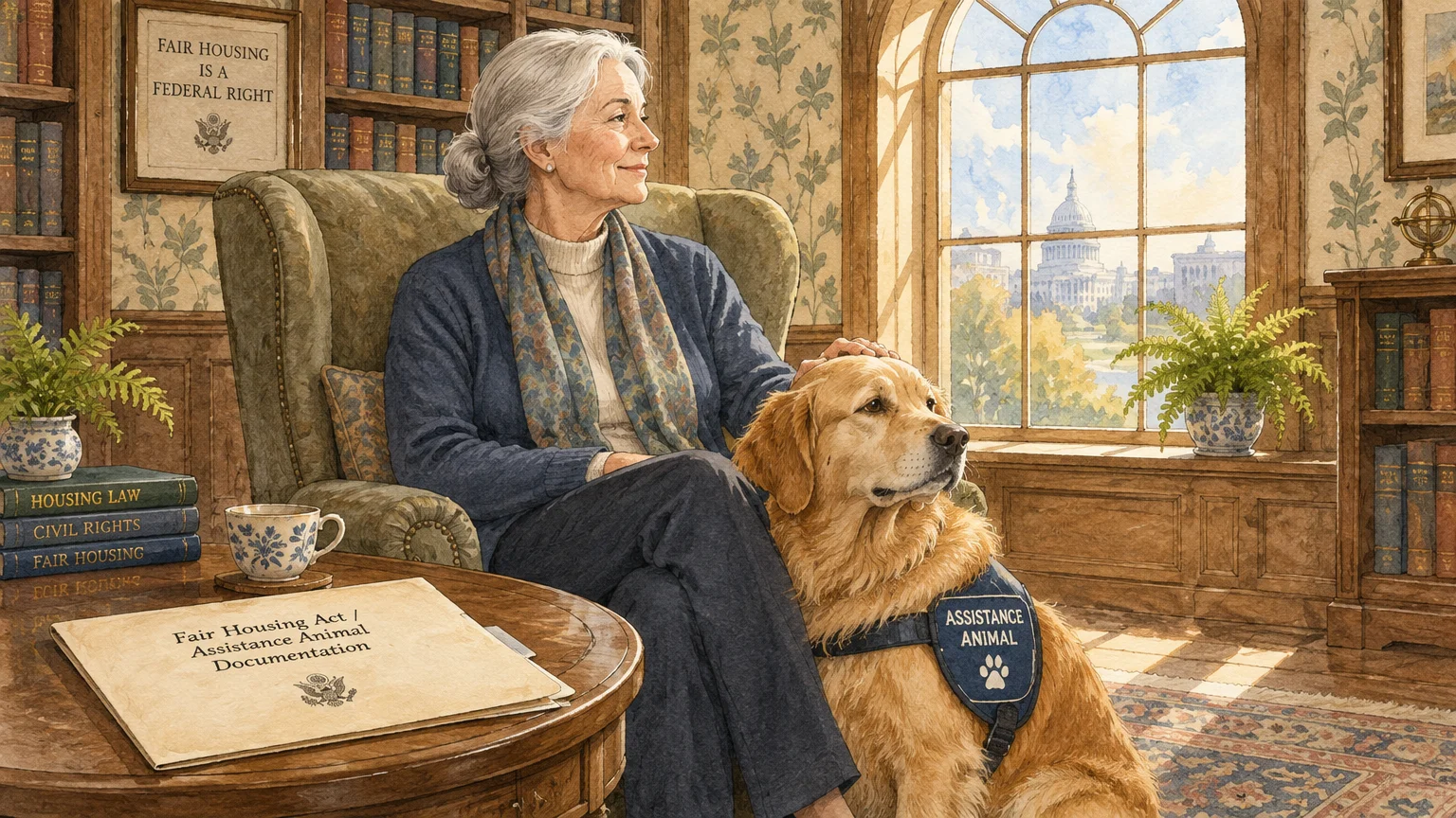 An older woman in an armchair pets a golden retriever wearing an assistance animal vest beside a window.