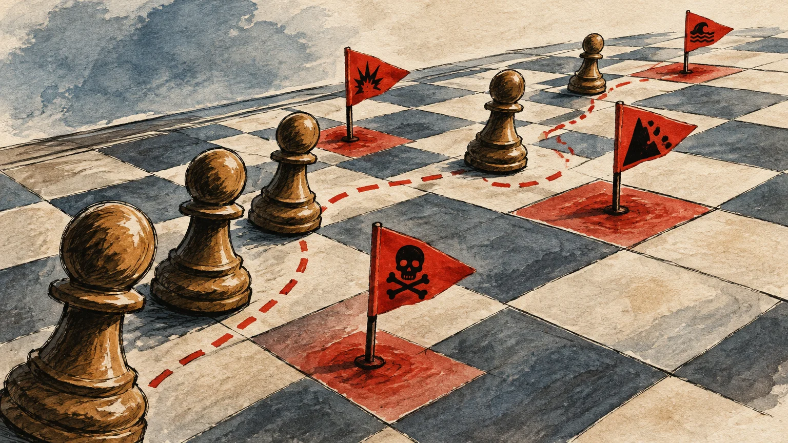Watercolor illustration of chess pawns following a dashed line across a chessboard filled with red warning flags.