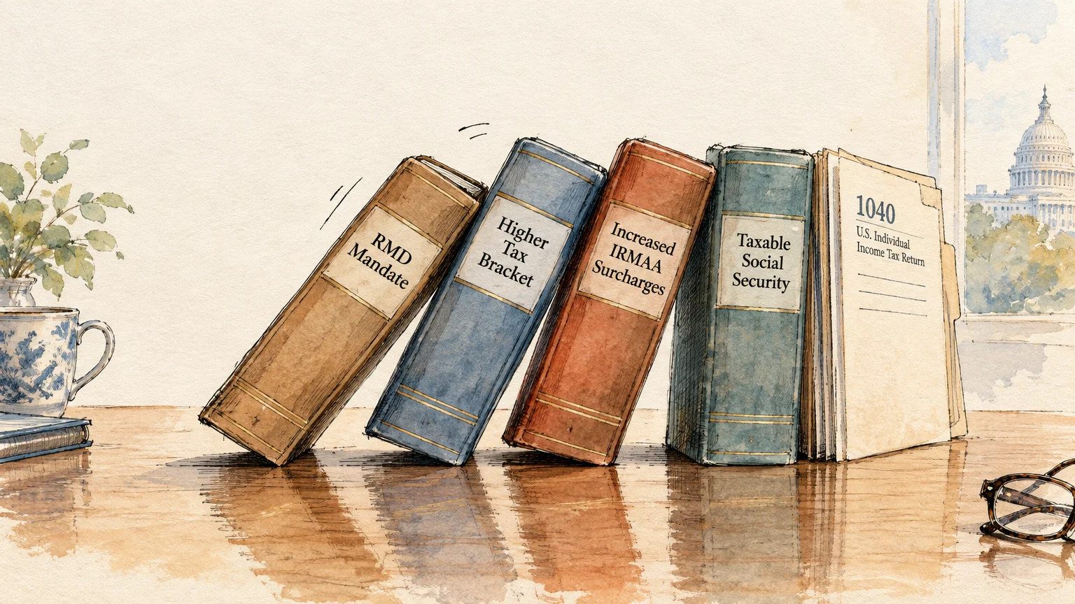 Watercolor illustration of books labeled with tax terms falling like dominoes against a Form 1040 tax document.