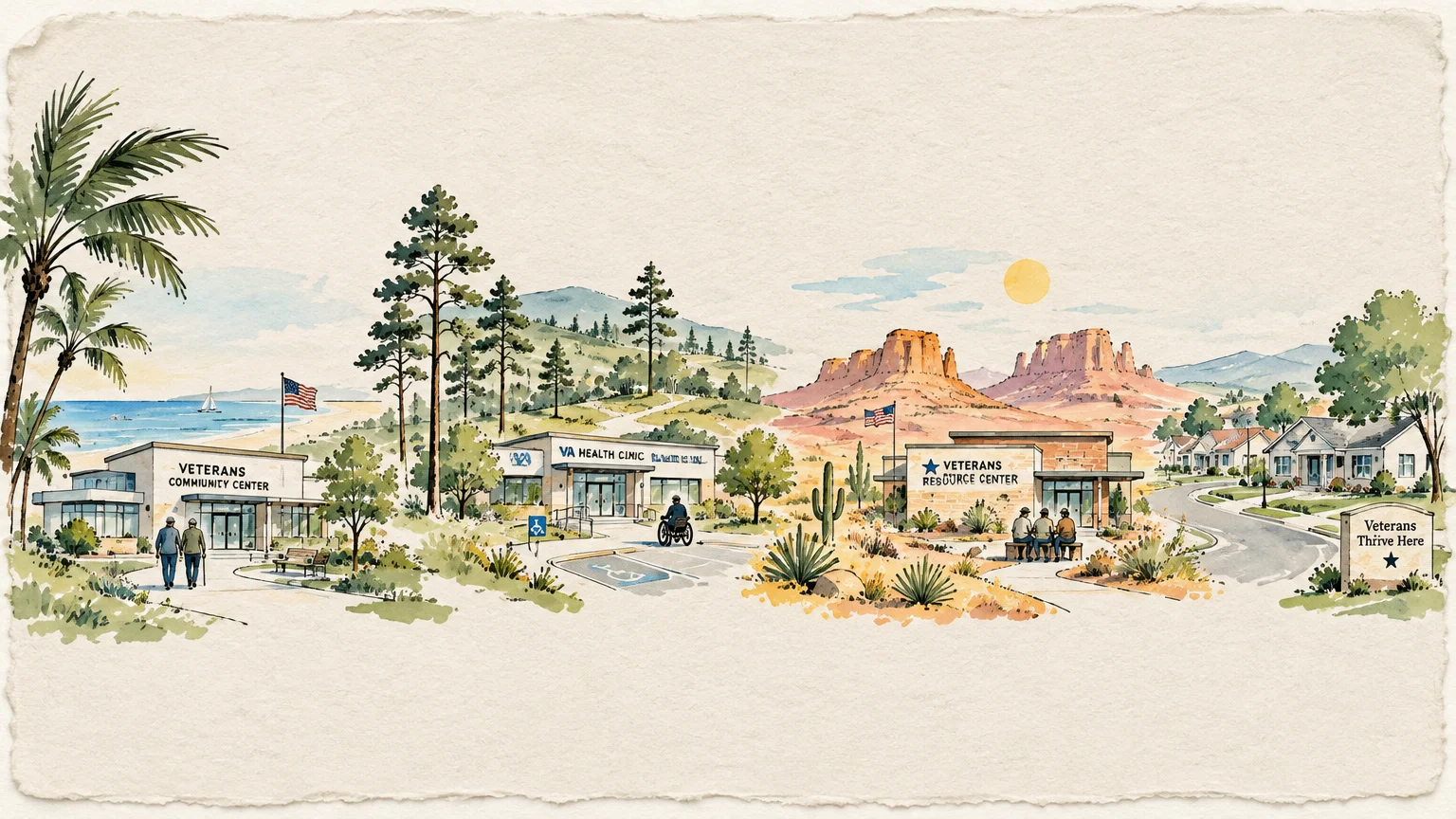 Panoramic watercolor illustration of veteran clinics, resource centers, and communities across coastal, forest, and desert landscapes.