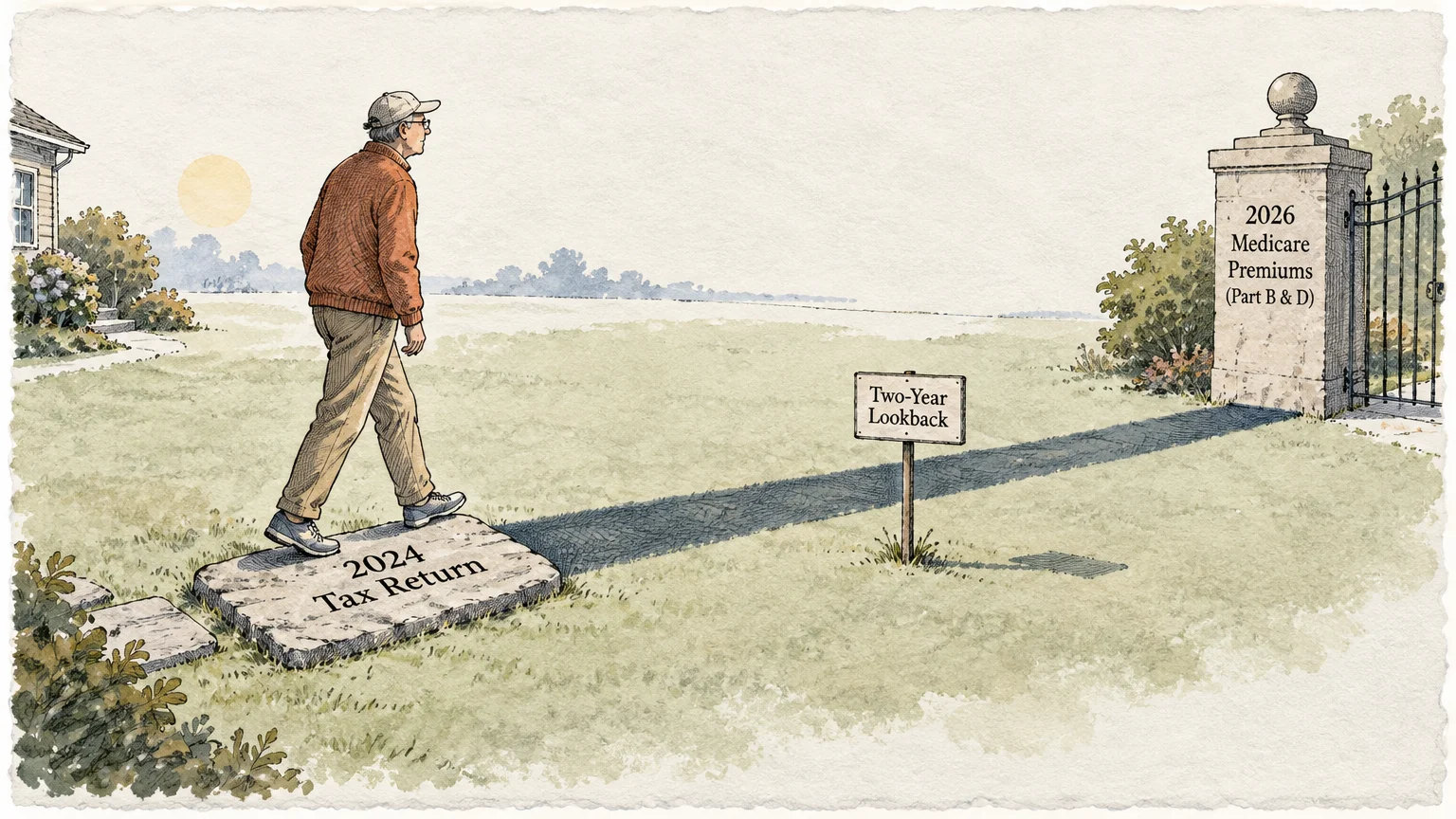 Man steps from a 2024 Tax Return stone along a shadow path past a Two-Year Lookback sign to a 2026 Medicare Premiums gate.