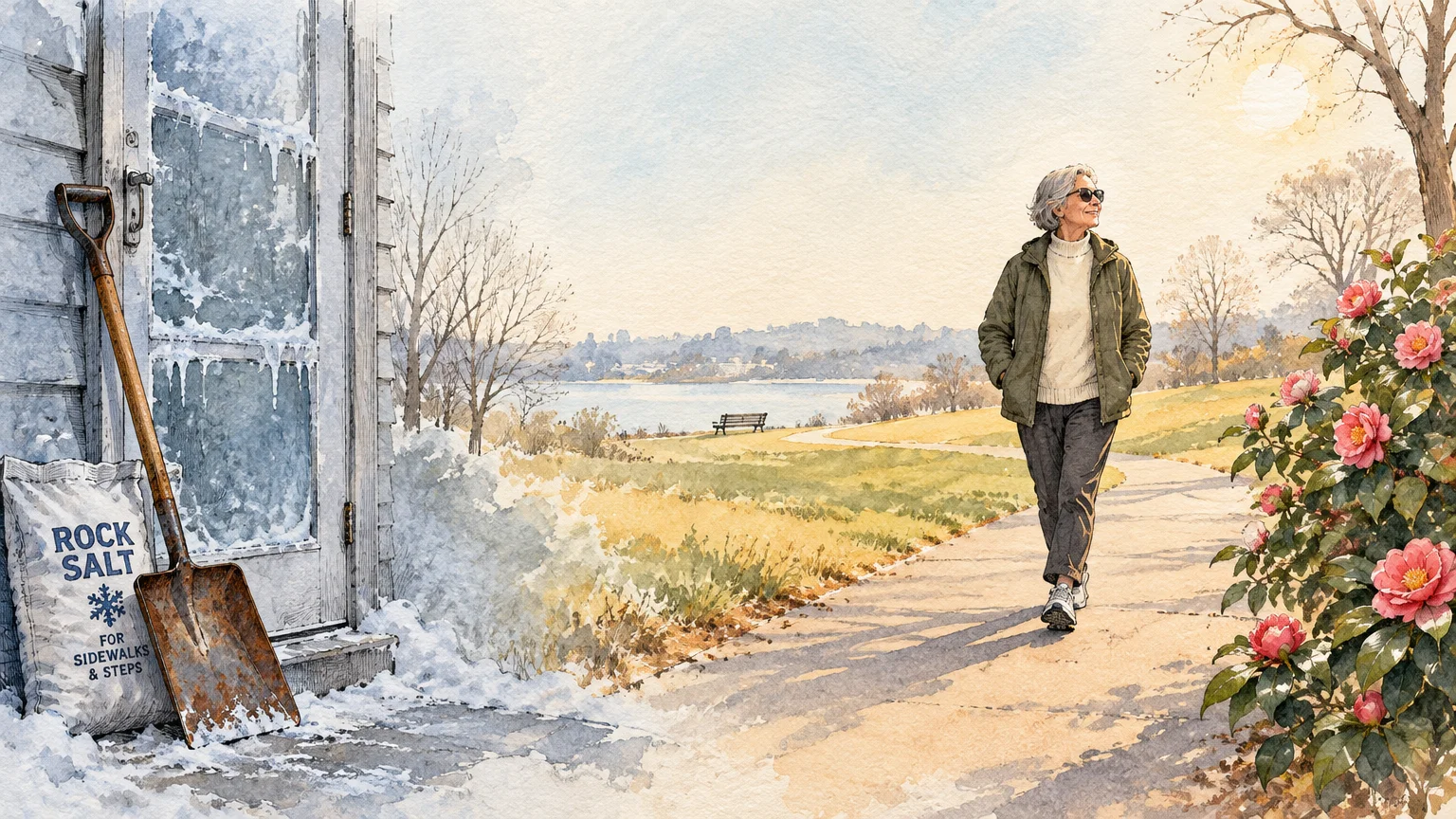 Watercolor split scene showing a frozen doorway with a snow shovel next to an older woman walking along a sunny path.