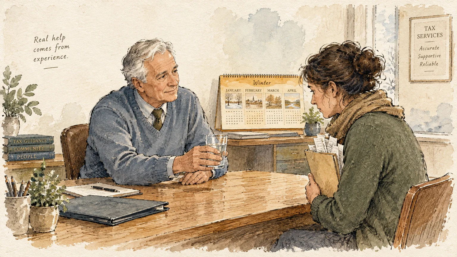 Illustration of an older male tax preparer at a desk offering a glass of water to an anxious woman holding documents.