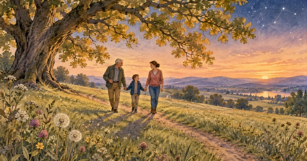 Watercolor illustration of an older man, a woman, and a young boy walking hand-in-hand along a grassy path beneath an oak tree.