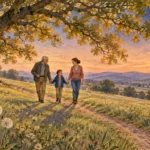 Watercolor illustration of an older man, a woman, and a young boy walking hand-in-hand along a grassy path beneath an oak tree.