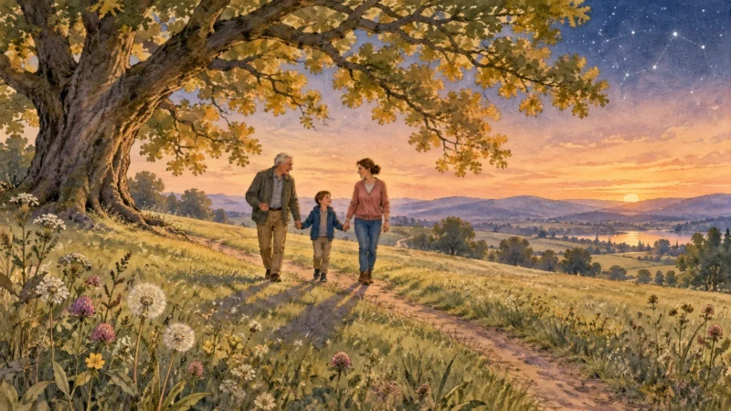 Watercolor illustration of an older man, a woman, and a young boy walking hand-in-hand along a grassy path beneath an oak tree.