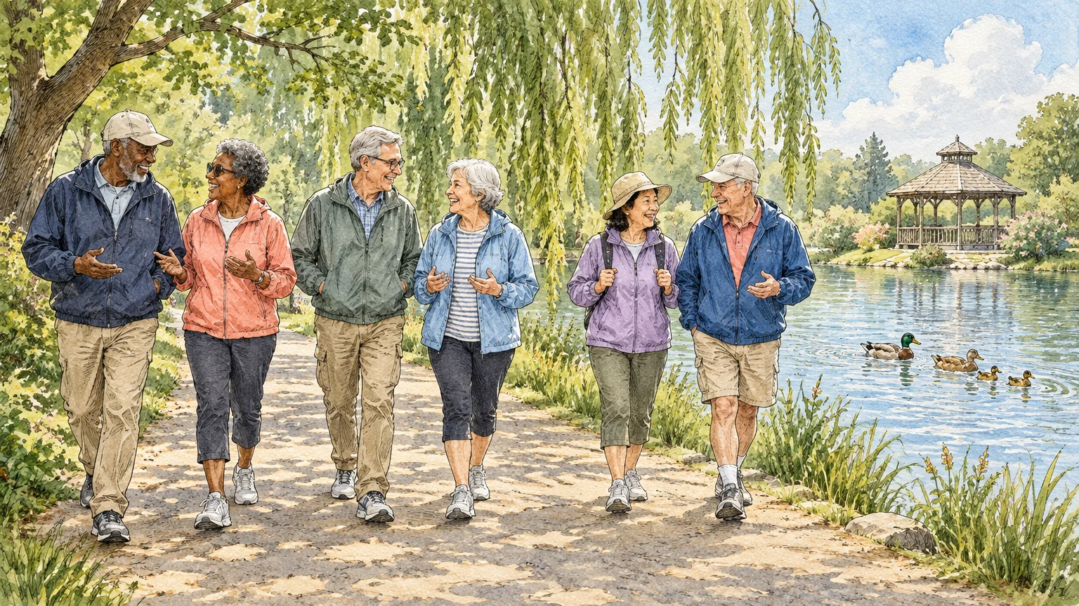 Watercolor illustration of diverse senior adults walking together along a lakeside park path past ducks and a gazebo.