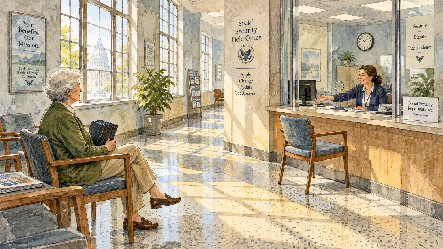 Watercolor of a woman sitting in a sunlit Social Security field office lobby looking at a representative at a service desk.