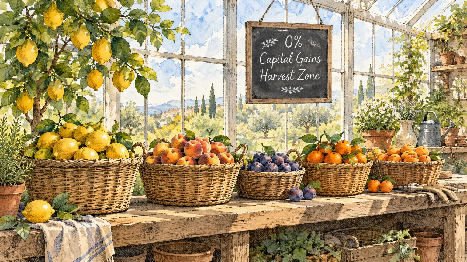 Baskets of harvested fruit on a wooden table in a sunlit greenhouse beside a chalkboard reading 0% Capital Gains Harvest Zone.