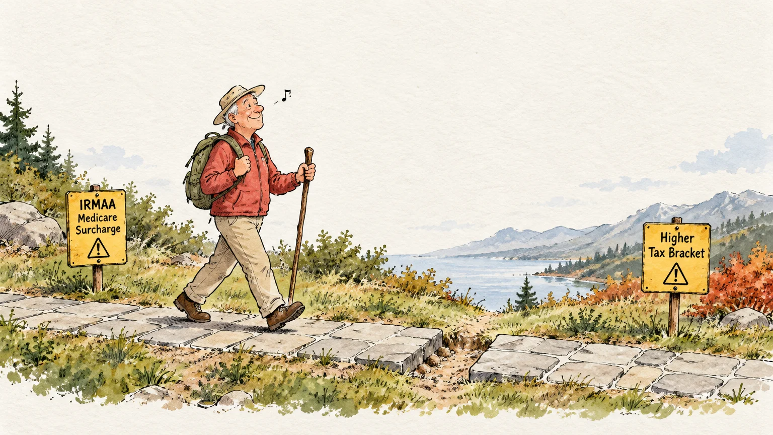 An older man hikes along a path past yellow warning signs reading IRMAA Medicare Surcharge and Higher Tax Bracket.