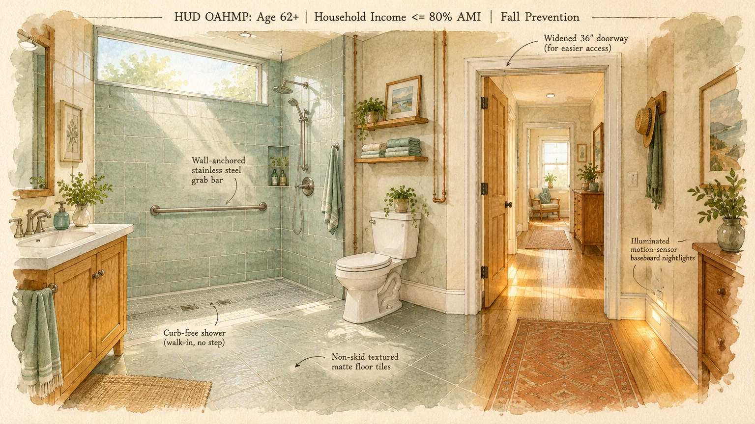 Accessible bathroom diagram with annotations for a curb-free shower, grab bar, textured tiles, and wide doorway.