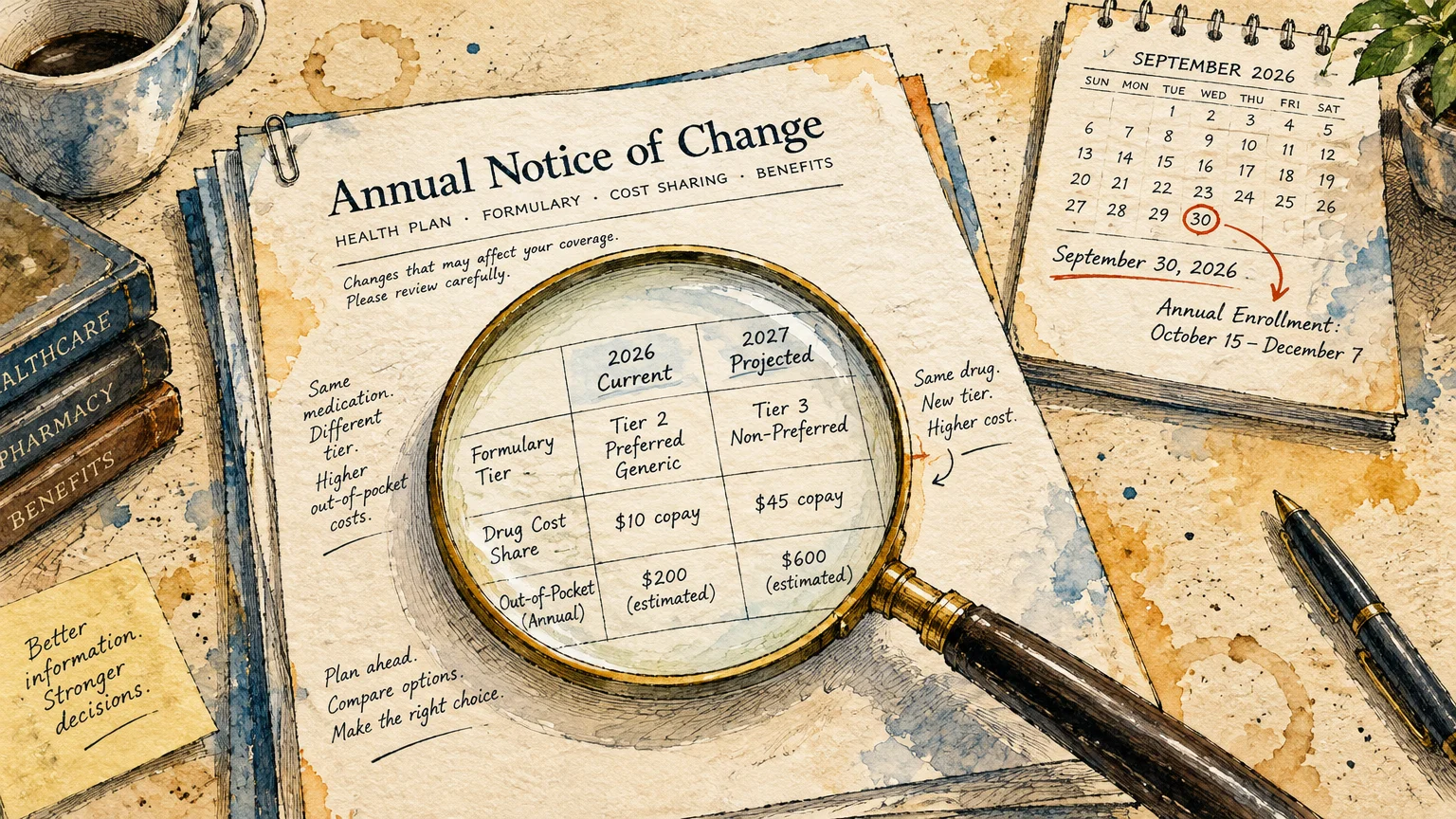 Magnifying glass over an Annual Notice of Change document comparing 2026 and 2027 drug tiers beside a calendar.