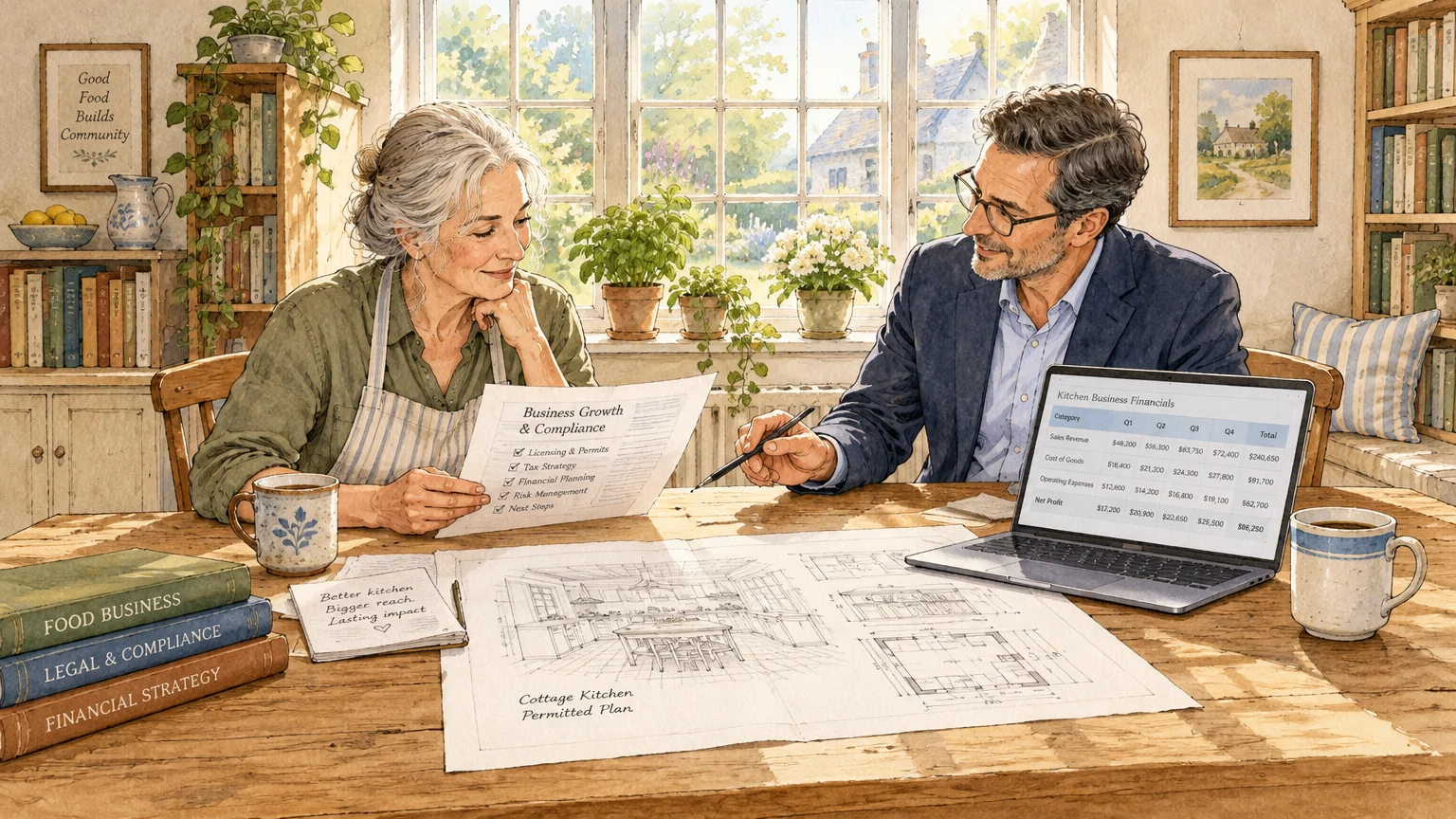 Illustration of a woman in an apron and a suited advisor reviewing business paperwork, architectural blueprints, and a laptop.