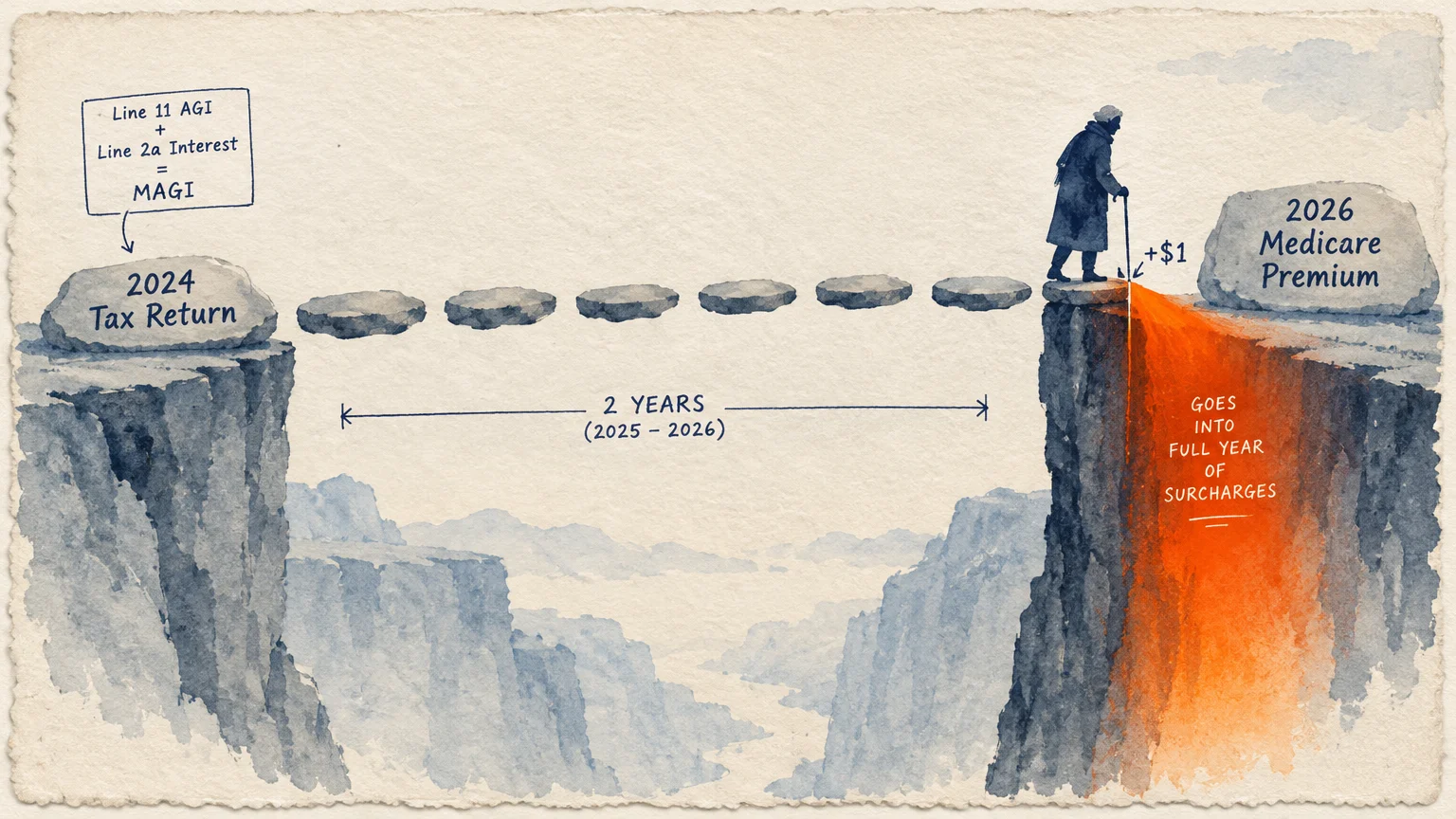 A person with a cane crosses stepping stones over a canyon between 2024 tax returns and 2026 Medicare premium cliffs.