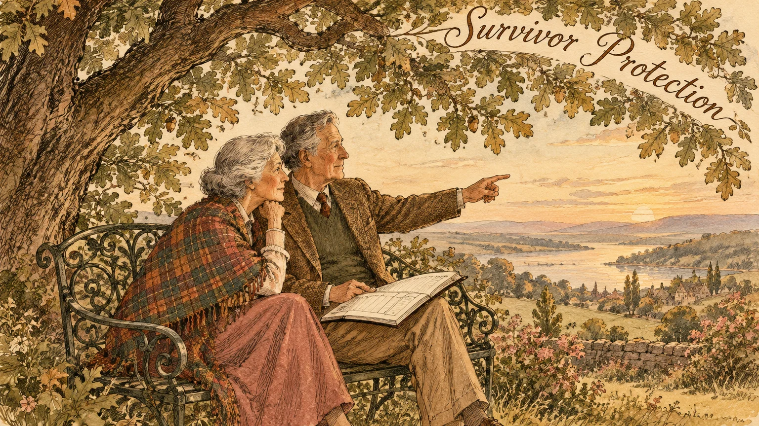 Illustration of an elderly couple on a garden bench under an oak tree overlooking a river valley at sunset.