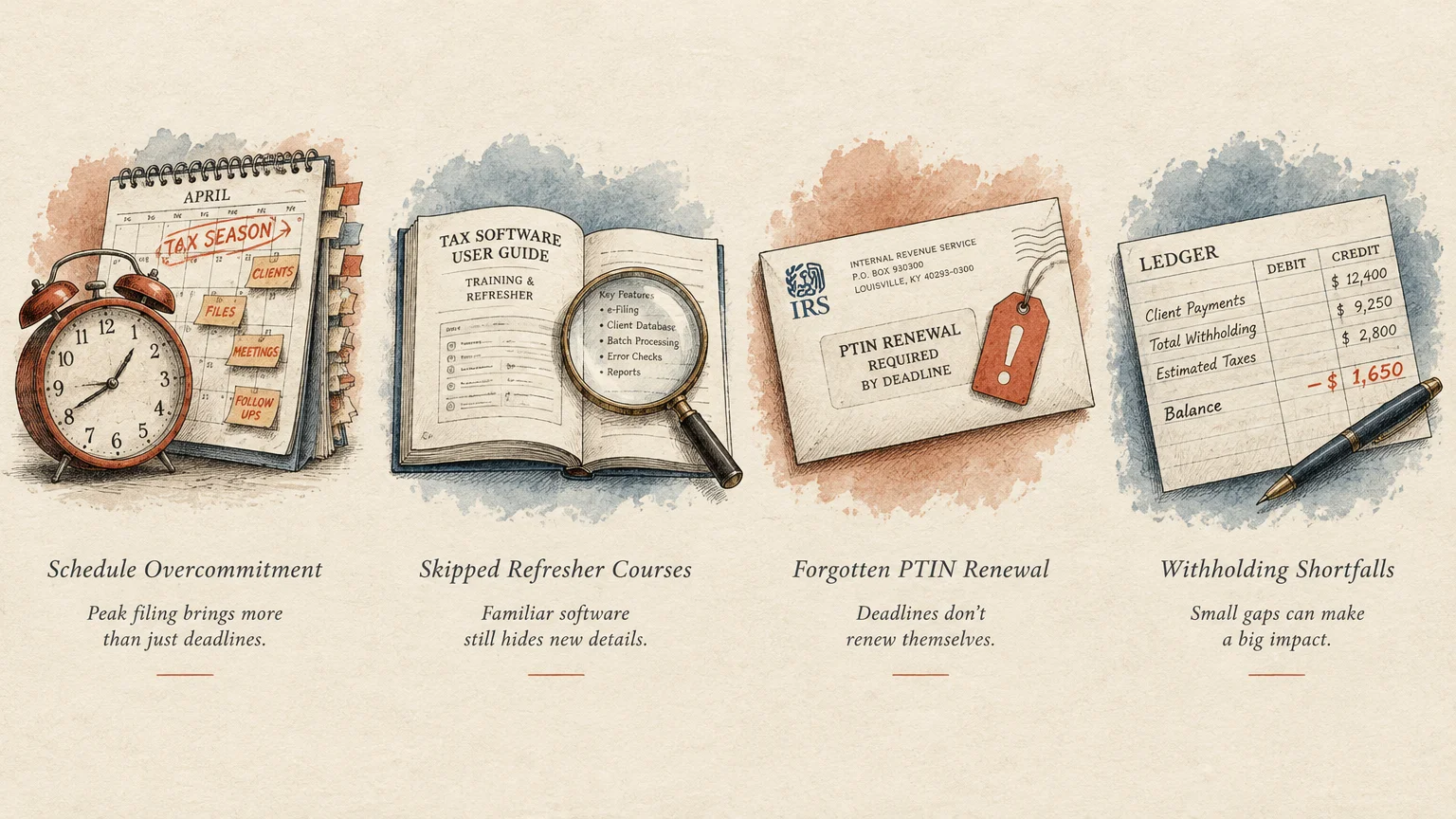 Four illustrations: a calendar with an alarm clock, an open software user guide, an IRS envelope, and a financial ledger.