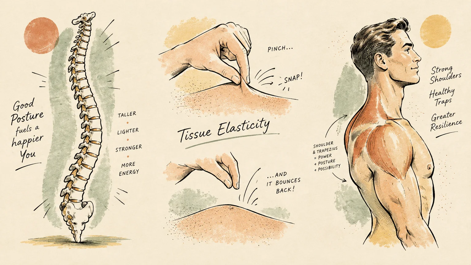 Vintage medical illustration showing a spine, a skin pinch test labeled tissue elasticity, and a muscular man's back profile.