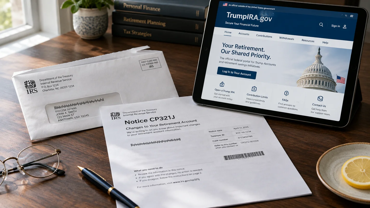 A printed IRS Notice CP321J letter and envelope next to a tablet displaying the TrumpIRA.gov website on a wooden desk.