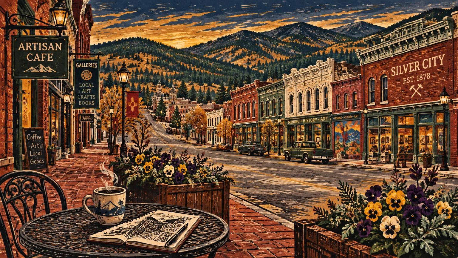 Illustration of a historic brick downtown street lined with shops, cafes, and flower planters against forested mountains.