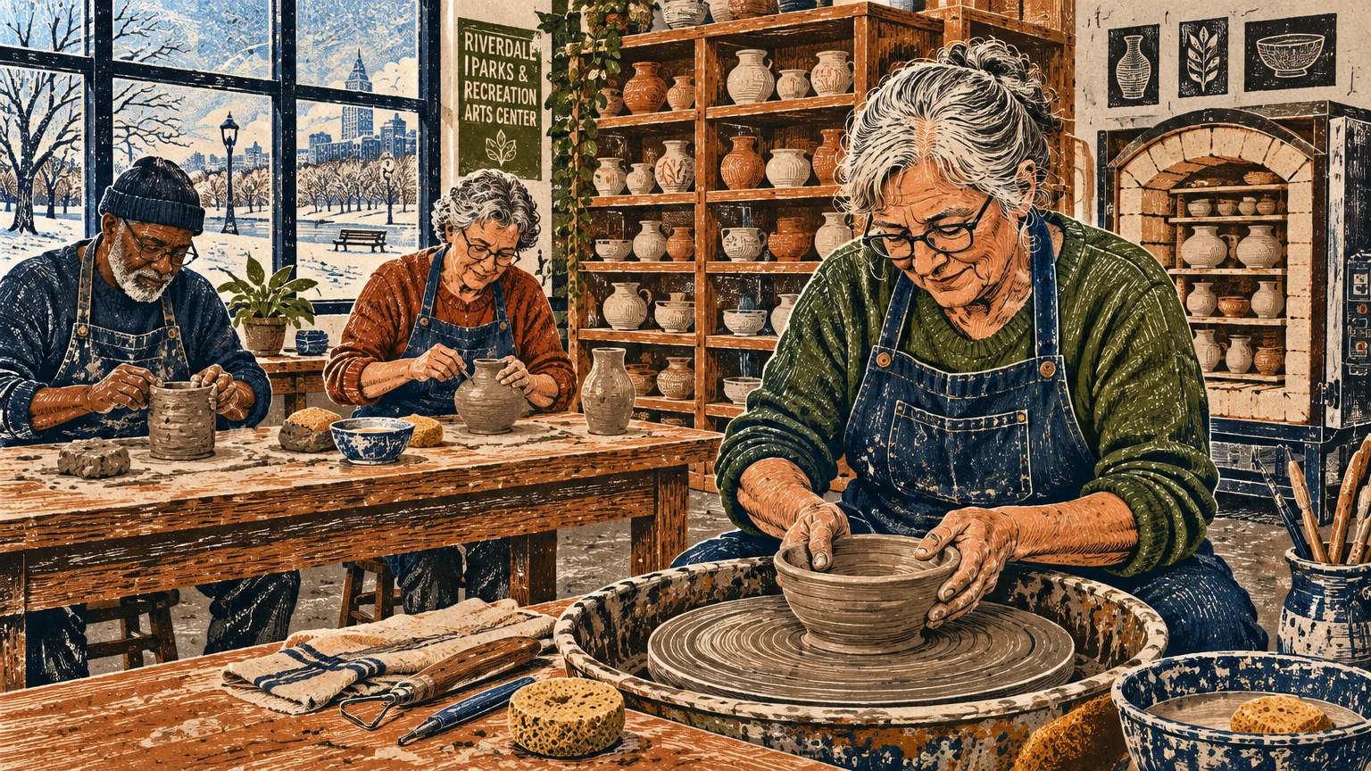 Three older adults shaping clay pottery in an arts center studio overlooking a snowy park through a large window.